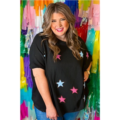 Black Sequin Chenille Star Pattern Plus Size Tee