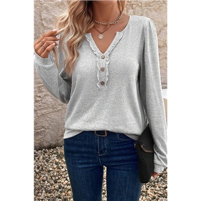 Light Grey Frilly Notched Neck Button Detail Long Sleeve Top