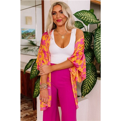 Orange Ruffled 3/4 Sleeve Floral Kimono