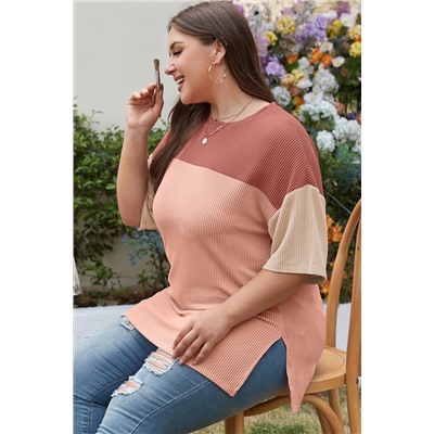 Rose Pink Plus Size Ribbed Colorblock T-shirt