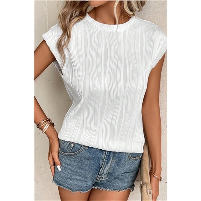 White Wavy Texture Cap Sleeve Top