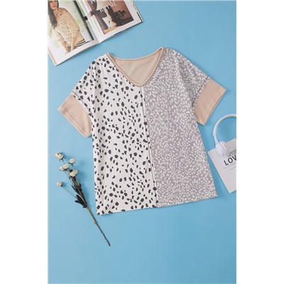 Khaki Plus Size Leopard Print Colorblock V Neck T Shirt