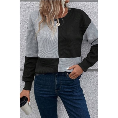 Black Color Block Textured Drop Shoulder Top