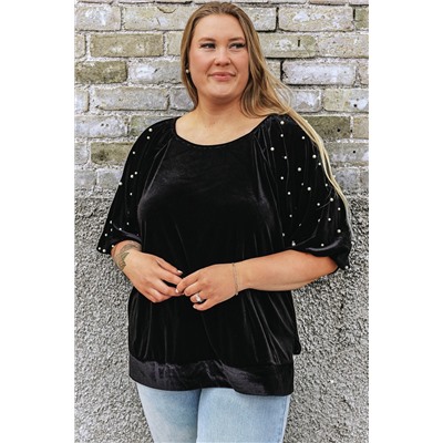 Black Pearl Embellished Puff Sleeve Velvet Plus Size Top