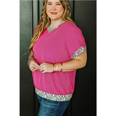 Rose Red Leopard Trim V Neck Short Sleeve Plus Size Corded Top