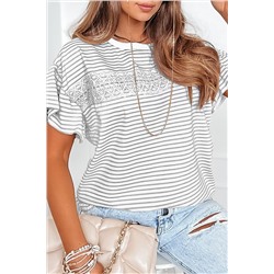 Light Grey Striped Lace Splicing Ruffle Sleeve T-shirt