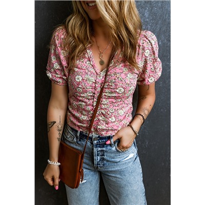 Pink Floral Short Puff Sleeve V Neck Ruched Blouse