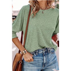 Green Smocked 3/4 Sleeve Casual Loose Top