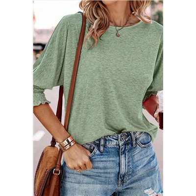 Green Smocked 3/4 Sleeve Casual Loose Top