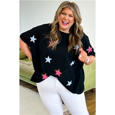 Black Sequin Chenille Star Pattern Plus Size Tee