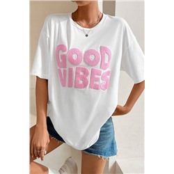 White GOOD VIBES Chenille Embroidered Crewneck T Shirt