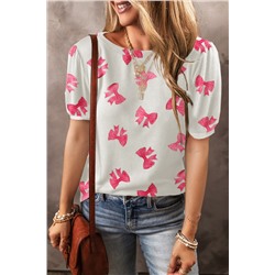 White Bowknot Print Bubble Sleeve Tee