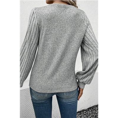 Light Grey Buttoned V Neck Ribbed Puff Sleeve Top