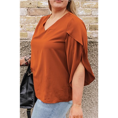 Gold Flame Plus Size Solid Wrapped Ruffled Sleeve V Neck Blouse