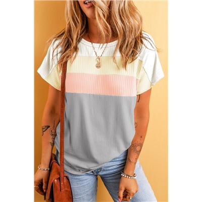 Gray Ribbed Color Block Patchwork T-shirt