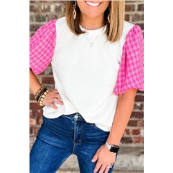 White Contrast Tweed Puff Sleeve Top