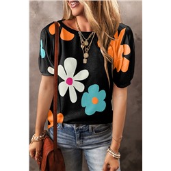 Black Flower Print Bubble Sleeve Tee