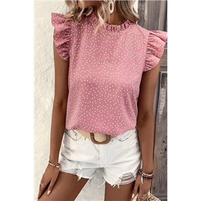 Pink Polka Dots Ruffle Flutter Sleeve Frilled Neck Blouse