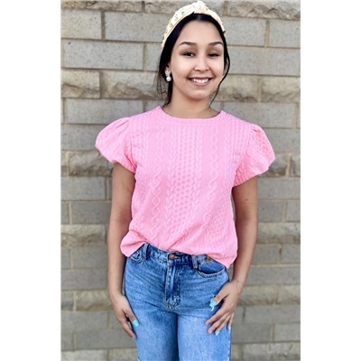 Pink Textured Puff Sleeve T Shirt