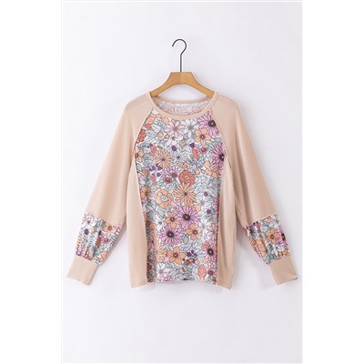 Oatmeal Corded Floral Patchwork Long Sleeve Top