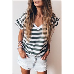 Sea Green Striped V Neck Ruffle Sleeve Top