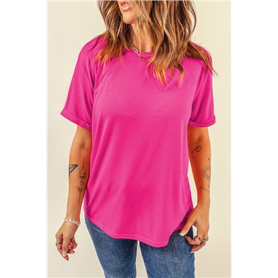 Rose Red Casual Plain Crew Neck Tee