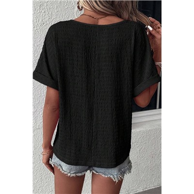 Black Textured Rolled Short Sleeve V Neck Tee