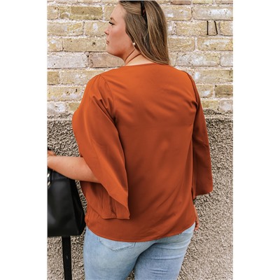 Gold Flame Plus Size Solid Wrapped Ruffled Sleeve V Neck Blouse