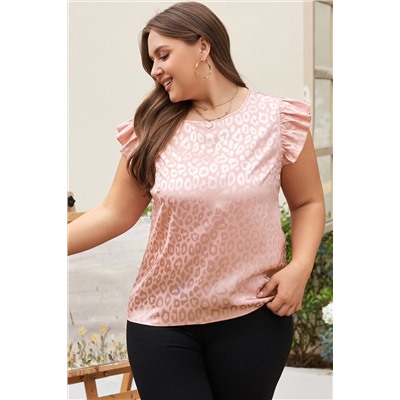 Pink Plus Size Leopard Print Ruffled Flutter Sleeve Satin Blouse