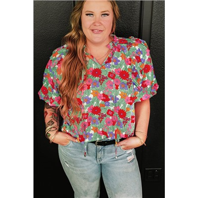 Multicolour Plus Size Floral Print Ruffle V Neck Bubble Sleeve Blouse