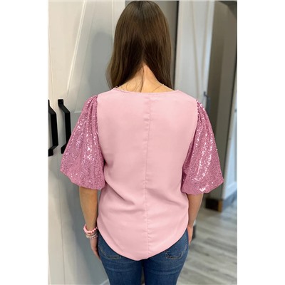 Pink Contrast Sequin Bubble Sleeve Plus Size T-shirt