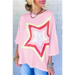 Light Pink Colorblock Star Patched Half Sleeve Oversized Tee