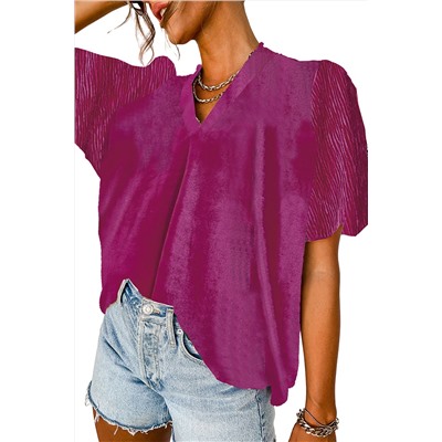 Bright Pink Pleated Bubble Short Sleeve V Neck Velvet Top