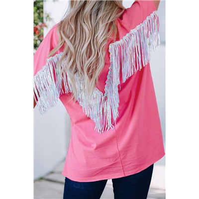 Rose Red Sequined Fringe Wing High-low Hem T-shirt