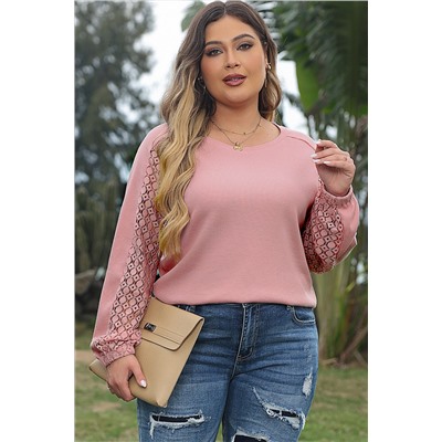 Apricot Pink Plus Size Contrast Lace Sleeve Textured Knit Top