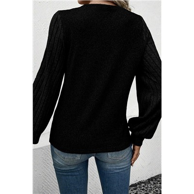 Black Buttoned V Neck Ribbed Puff Sleeve Top