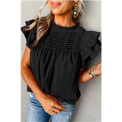 Black Smocked Ruffle Sleeve Blouse