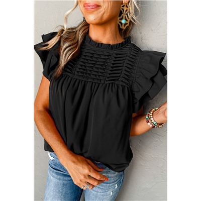 Black Smocked Ruffle Sleeve Blouse