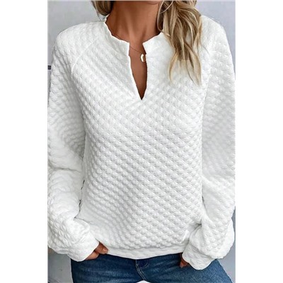 White Split Neck Quilted Long Sleeve Top