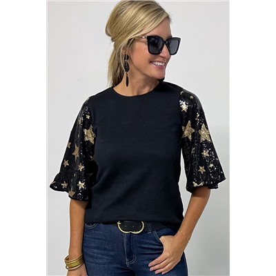 Black Star Sequin Splicing Half Sleeve Top