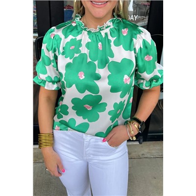 Green Floral Puff Sleeve Frill Neckline Blouse