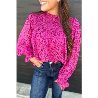 Rose Leopard Shirred Puff Sleeve Flowy Blouse