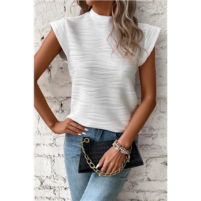 White Wavy Textured Mock Neck Cap Sleeve Top