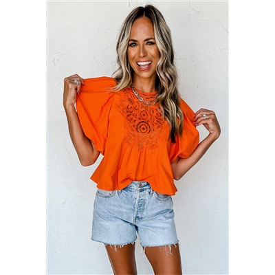 Orange Hollowed Lace Splicing Puff Sleeve Blouse