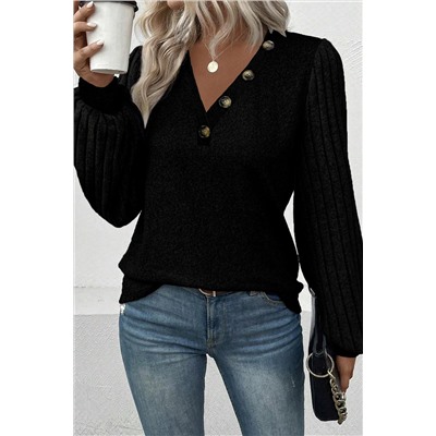 Black Buttoned V Neck Ribbed Puff Sleeve Top