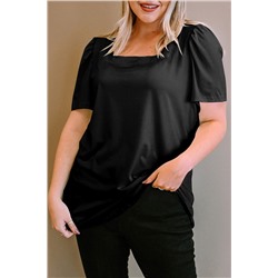 Black Plus Size Square Neck Ruched Shoulder Short Sleeve Top