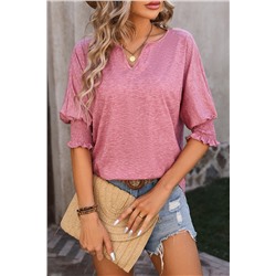 Rose Tan Smocked Puff Sleeve Notched Neck T Shirt