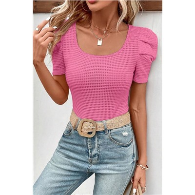 Bright Pink Waffle Knit Ruched Puff Sleeve Top