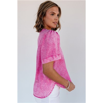 Bright Pink Mineral Wash Split Neck Pocket Patched Denim Top