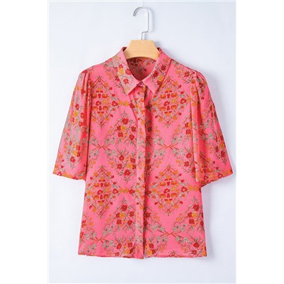 Rose Red Floral Print Wide Short Sleeve Loose Shirt